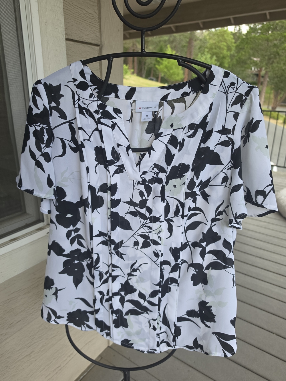 Liz Claiborne White Blouse with Black Floral Print